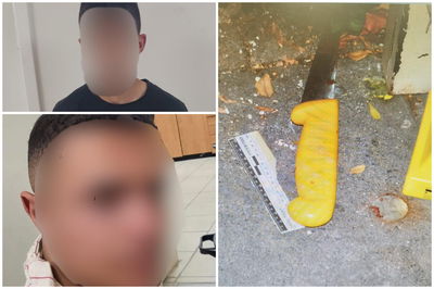 הסכין בזירה ושניים מהמחבלים שנתפסו