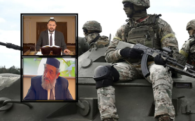 הרב זמיר איסייב והרב אריה רלבג, לצד טנקים עם חיילים ארמניים