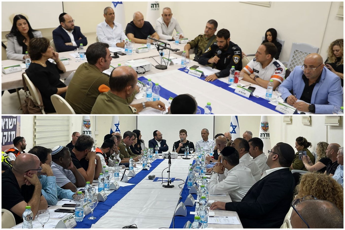 למעלה: פקד אליאור שלמה נושא דברים בישיבת המועצה | למטה: עמית גרטנר במועצת העיר