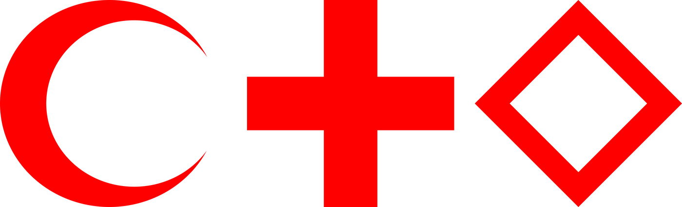 משמאל לימין: הסמל של הסהר האדום, הצלב האדום ו'הקריסטל האדום'