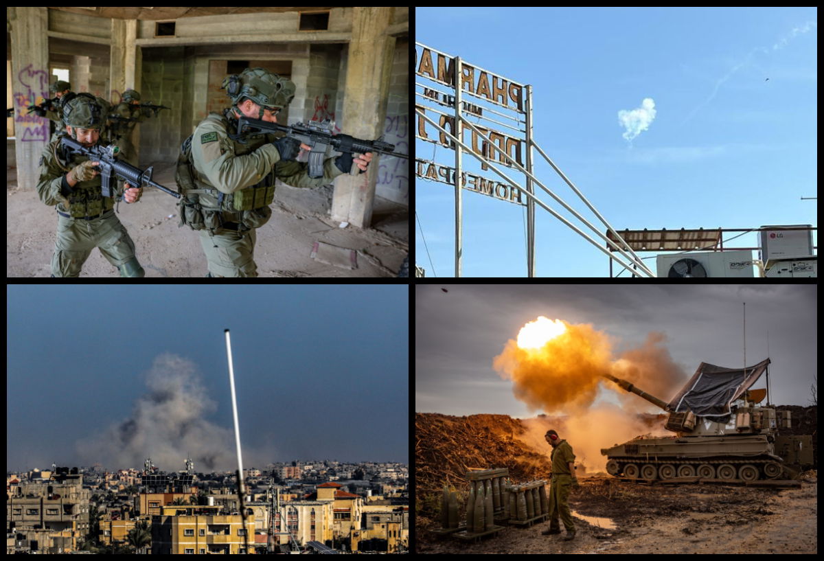 משמאל לימין בכיוון השעון: חיילי צה"ל בגבול לבנון, יירוט באילת, טנק בגבול לבנון, הפצצות בעזה