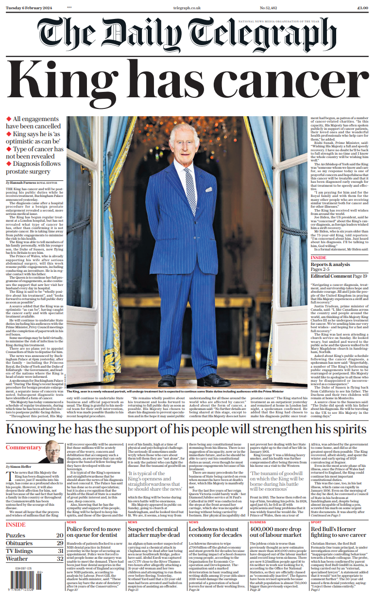 כותרות העיתונים בממלכה ביום שאחרי: "למלך יש סרטן"