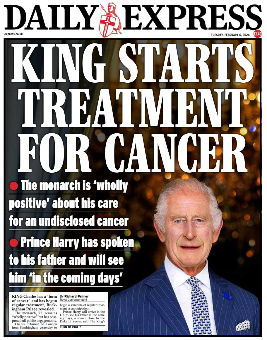 כותרות העיתונים בממלכה ביום שאחרי: "למלך יש סרטן"
