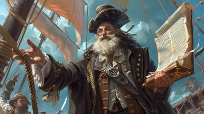 "רב שודד ים". ביקשתי מבינה מלכותית תמונה של שודד ים מחזיק בידו האחת רמב"ם, ובידו השניה 'שולחן ערוך'. זו התוצאה 