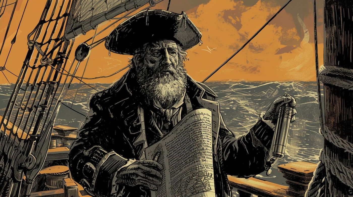 "רב שודד ים". ביקשתי מבינה מלכותית תמונה של שודד ים מחזיק בידו האחת רמב"ם, ובידו השניה 'שולחן ערוך'. זו התוצאה