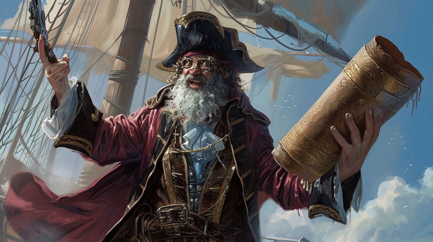 "רב שודד ים". ביקשתי מבינה מלכותית תמונה של שודד ים מחזיק בידו האחת רמב"ם, ובידו השניה 'שולחן ערוך'. זו התוצאה