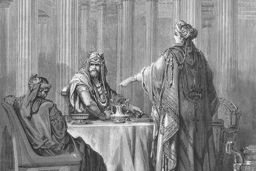 איור של אסתר המלכה עם אחשוורוש והמן הרשע