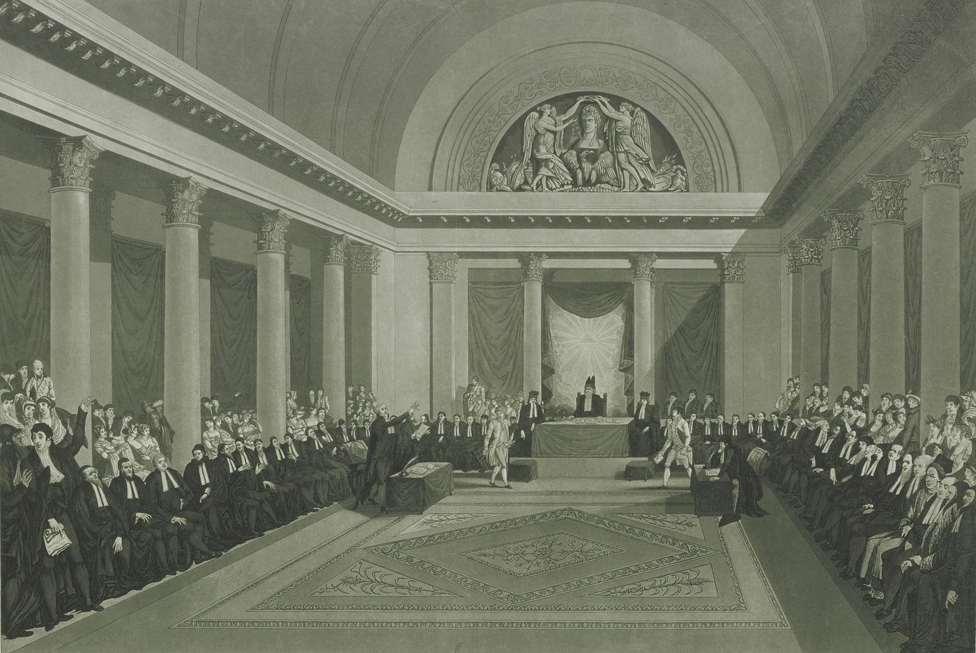 'מושב הסנהדרין של פריז' בראש הגאון ר' דוד זינצהיים, שלצידו יושב הרב אהרן ווירמיש מחבר 'מאורי אור'