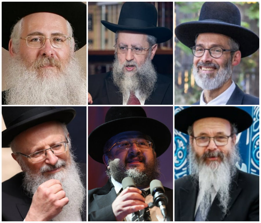 מימין למעלה: הרב מאיר כהנא, הרב דוד יוסף. מימין למטה: הרב הלוי, הרב דרעי והרב אליהו