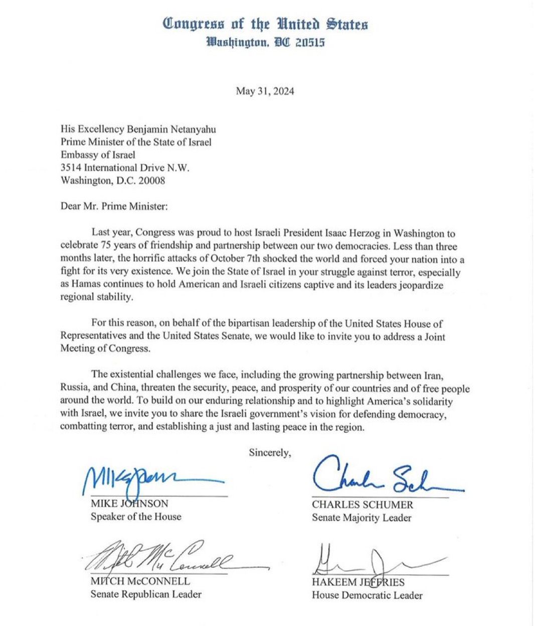 ההזמנה של חברי הקונגרס לנתניהו