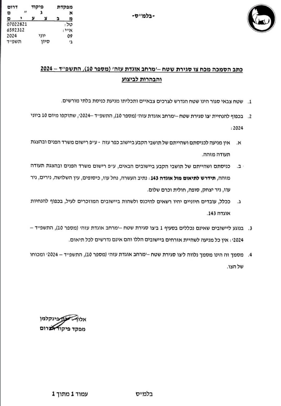 הצו כפי שנחתם על ידי מפקד פיקוד הדרום