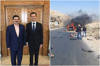 מימין: זירת הסיכול | משמאל: מוחמד בראא אל-קאטרג'י עם בשאר אסד