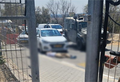 זירת הפיגוע. המחבל מנוטרל בכביש