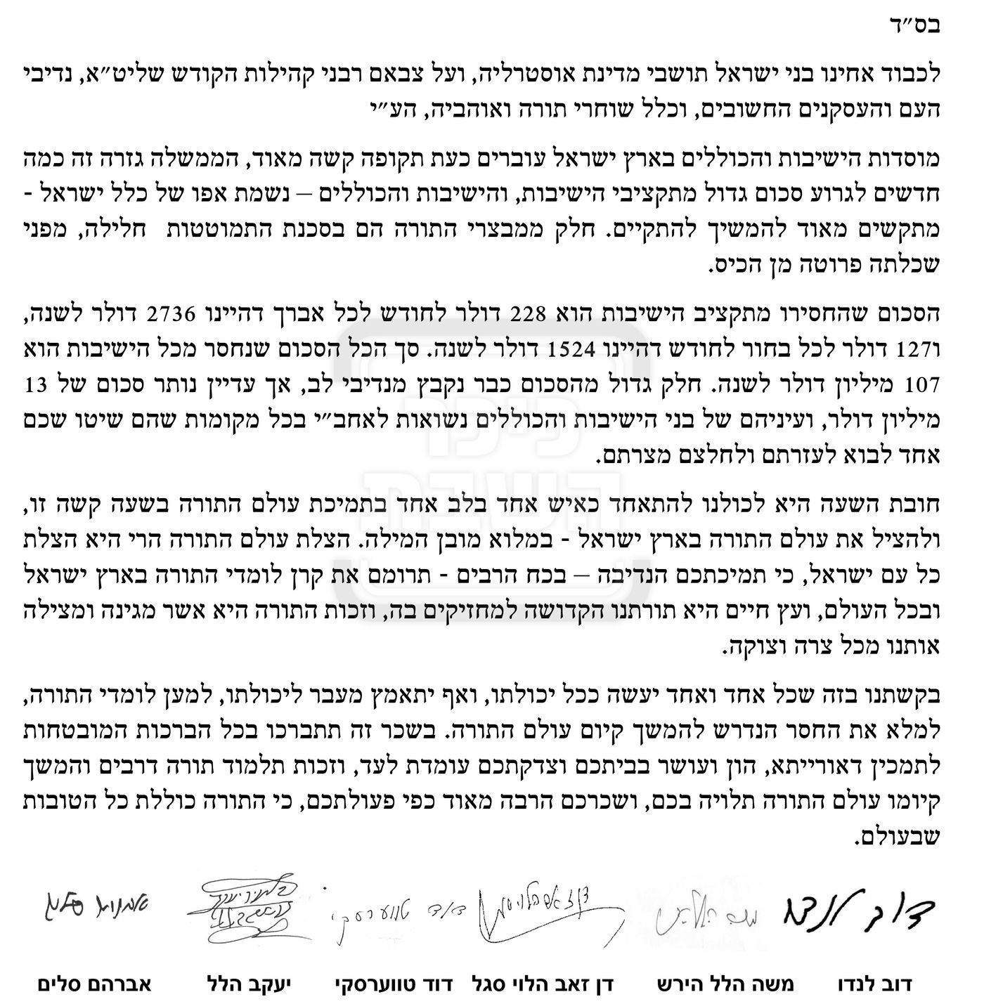 המכתב המלא של גדולי ישראל לקהילה באוסטרליה