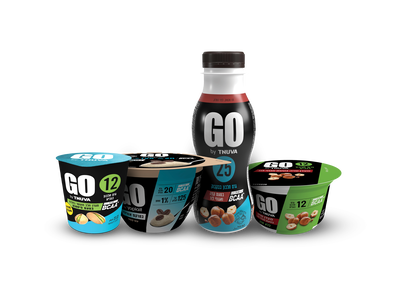  יוגורט GO אוורירי עם קפה, מעדן חלב GO בטעם פיסטוק, ומשקה חלב GO בטעם קפה ואגוזי לוז