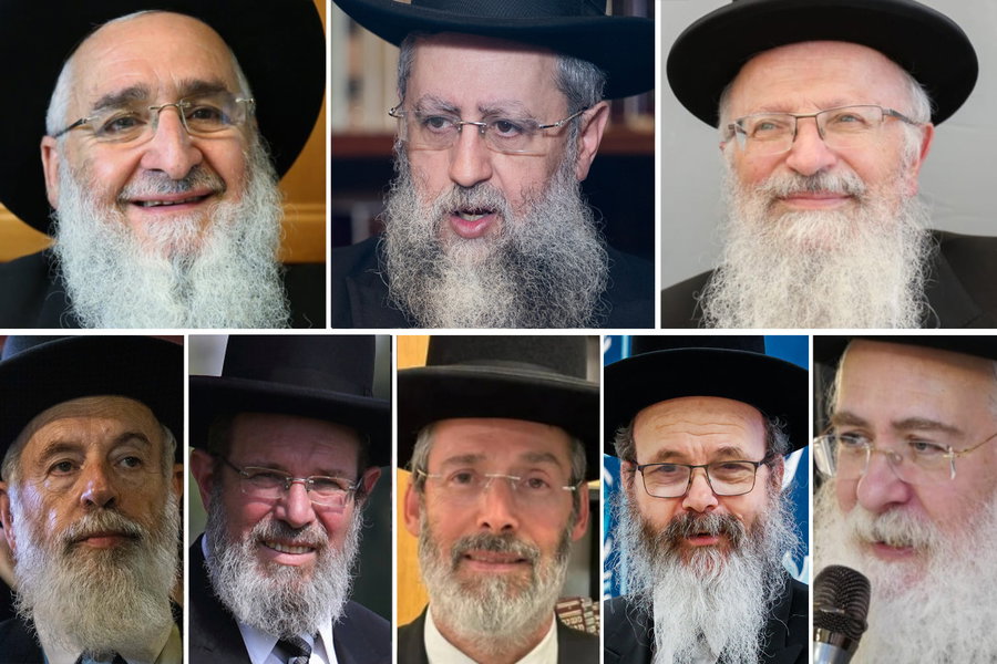 למעלה - המועמדים הספרדים: הגר"ש אליהו, הגר"ד יוסף, הגר"מ עמוס | למטה - המועמדים האשכנזים: הגרמ"ח לאו, הגר"מ הלוי, הגר"מ כהנא, הגר"ק בר, הגר"א איגרא