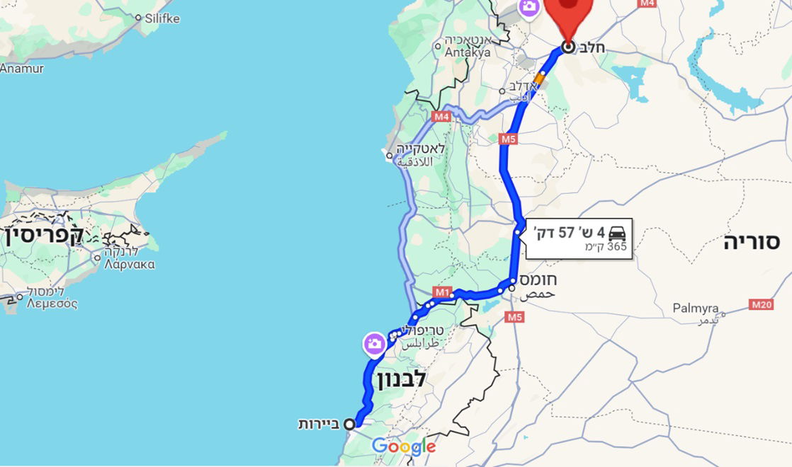 מסלולו המשוער של הרב מבריסק מחַלַבּ לביירות