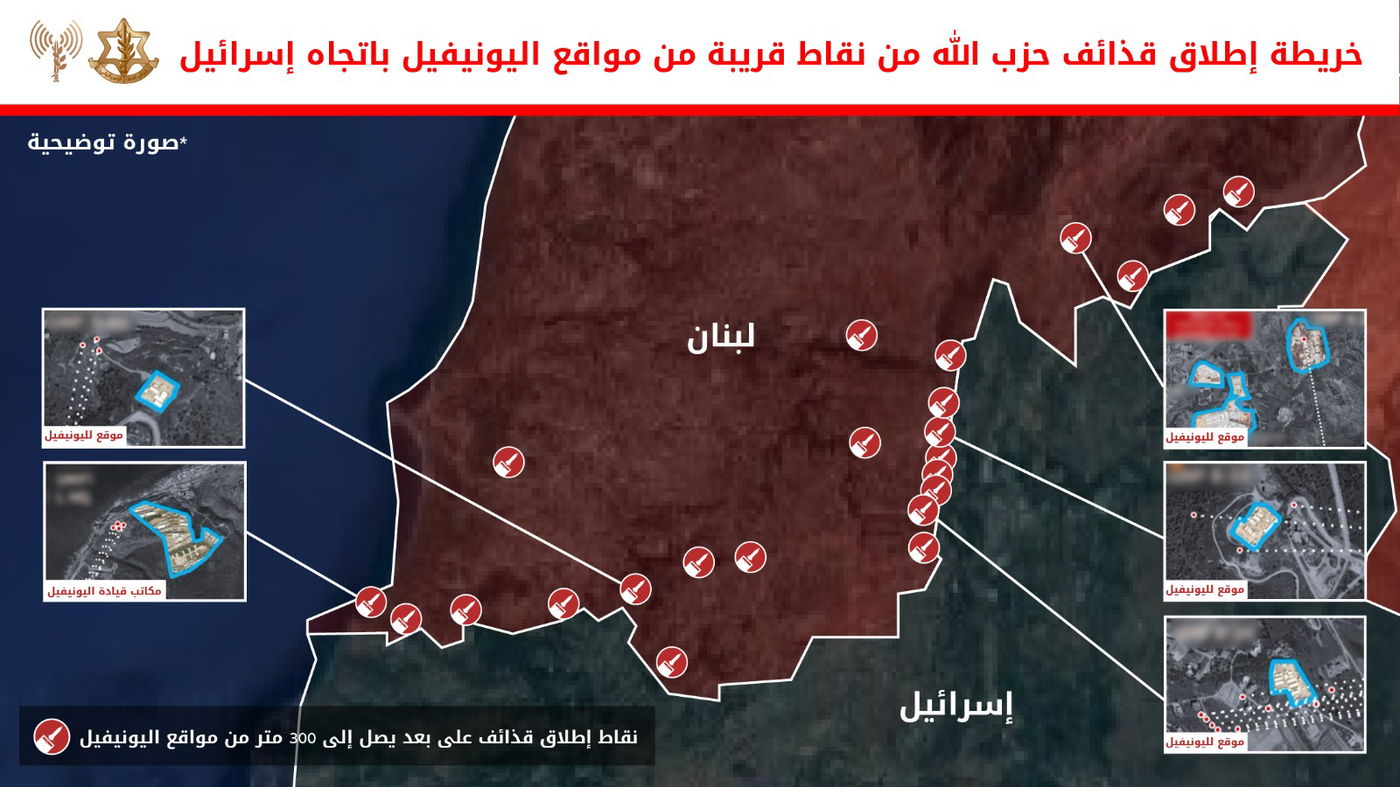 אינפוגרפי המציג שיגורים לעבר ישראל מנקודות הסמוכות לאתרי UNIFIL