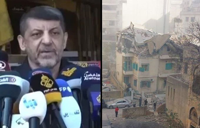 משמאל: עפיף במסיבת העיתונאים שהתפזרה. מימין: התקיפה בביירות