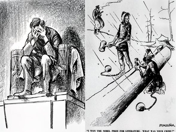 מימין: בוריס פסטרנק בגולאג, ציור שיזכה את ביל בפוליצר | משמאל: הקריקטורה של לינקולן אבל על רצח קנדי