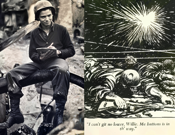 מימין: "אני לא יכול לרדת יותר נמוך, וילי. הכפתורים מפריעים לי" | משמאל: מולדין מדווח מהשטח