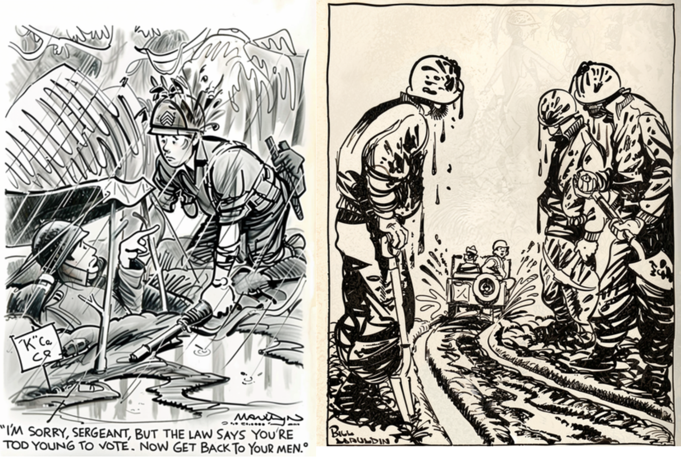 מימין - חיילים מפלסים דרך לקצינים | משמאל - (נלחמים ולא בוחרים) "אני מצטער, סמל, אבל החוק אומר שאתה צעיר מדי להצביע. עכשיו תחזור לחיילים שלך"