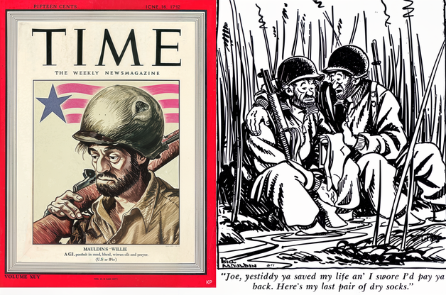 מימין -ווילי וג'ו: "ג'ו, הצלת את חיי ונשבעתי שאחזיר לך. הנה זוג הגרביים היבשים האחרון שלי" | משמאל: שער המגזין טיים מוקדש לדמות של ווילי