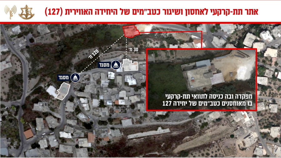 מפת אינפוגרפיקה של צה"ל על אתר אחסון טילים וכטב"מים של היחידה האווירית (127) בחיזבאללה