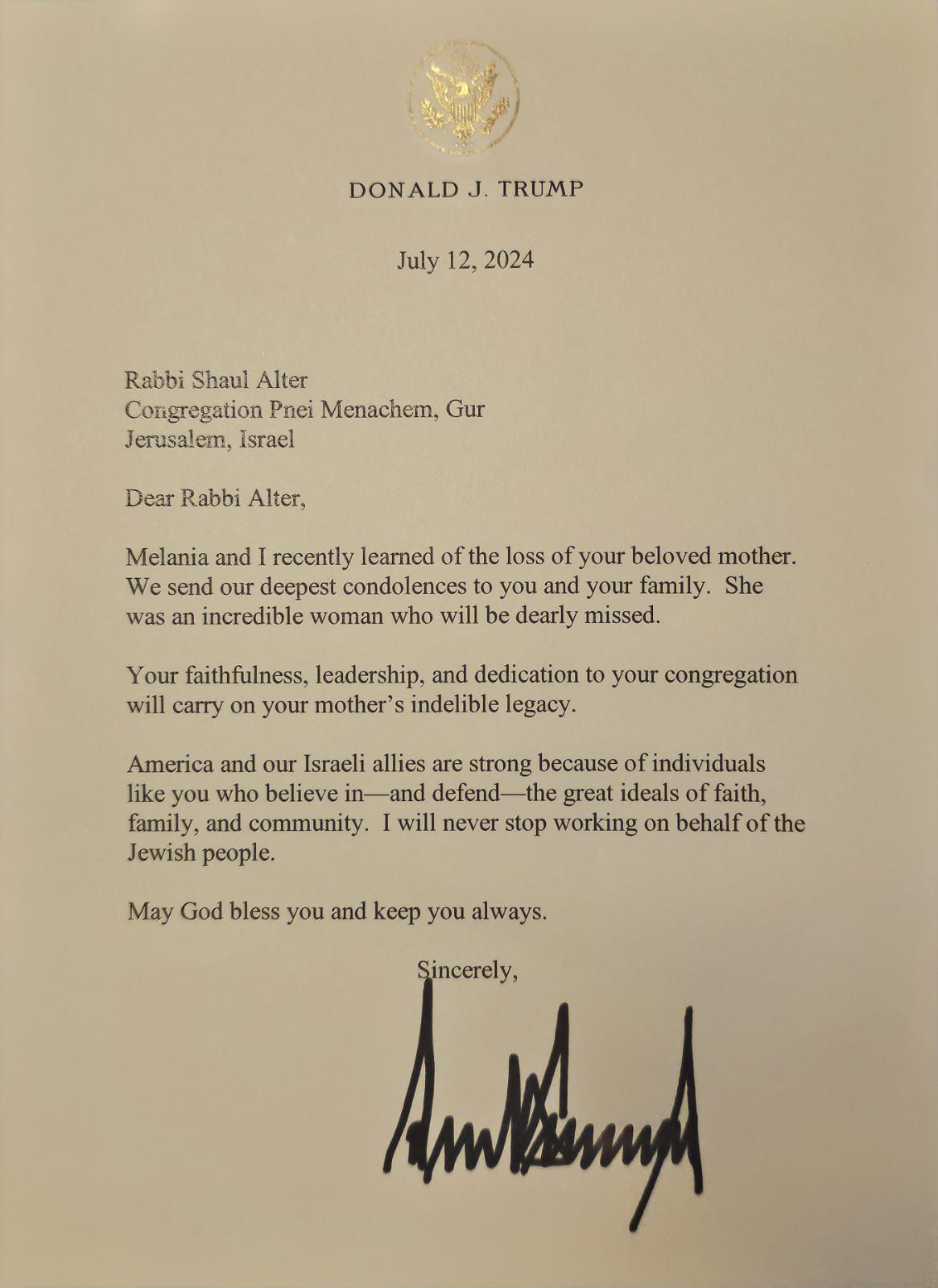 מכתב הניחומין ששיגר הנשיא טראמפ לראש הישיבה
