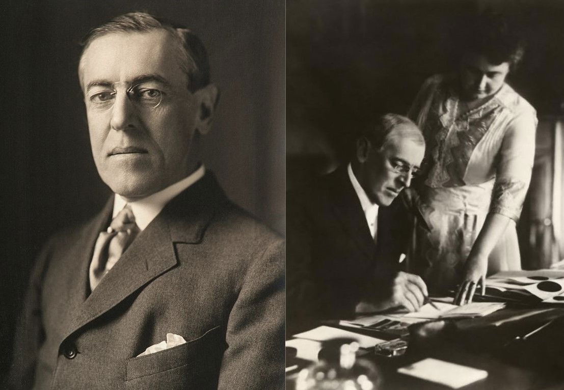 מימין, וילסון אחרי האירוע-מוחי מושתק בפלג גופו השמאלי לצד אדית צולם ביוני 1920. שבועיים לאחר מכן היא הוצגה באופן בולט בוועידה הדמוקרטית בסן פרנסיסקו | משמאל, תומאס וודרו וילסון נשיאה ה-28 של ארה"ב 1913–1921 מטעם המפלגה הדמוקרטית.