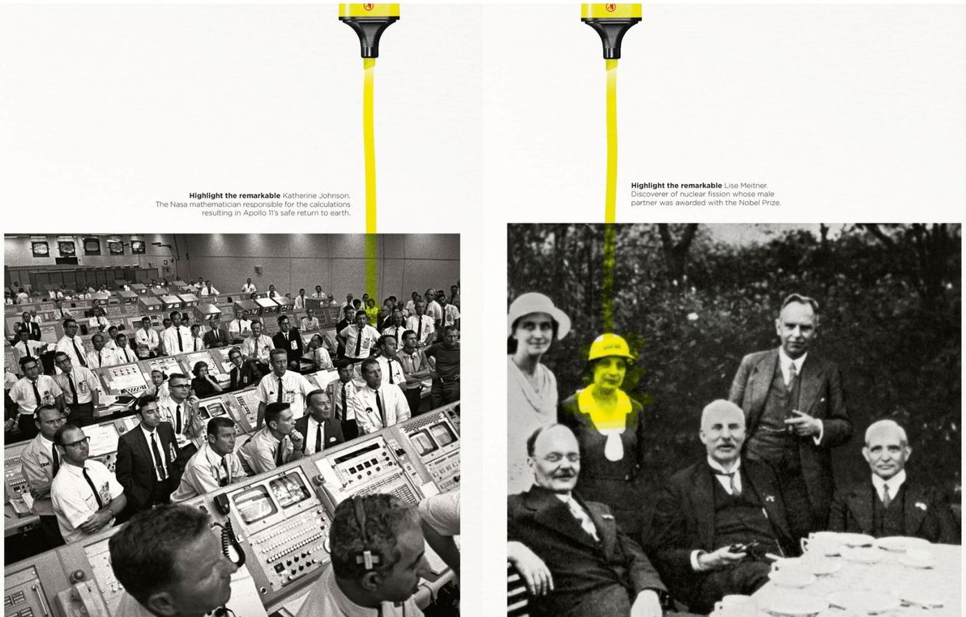 כרזות הקמפיין למרקר: מימין ליזה מייטנר | משמאל קתרין ג'ונסון בעת השיגור של אפולו 11