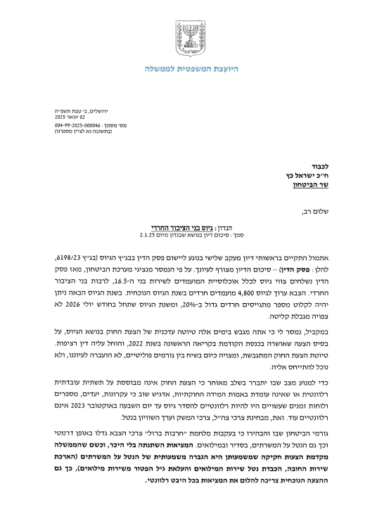 היועמ"שית באזהרה דרמטית לכ"ץ: "חוק הגיוס חייב לכלול גם סנקציות אישיות"