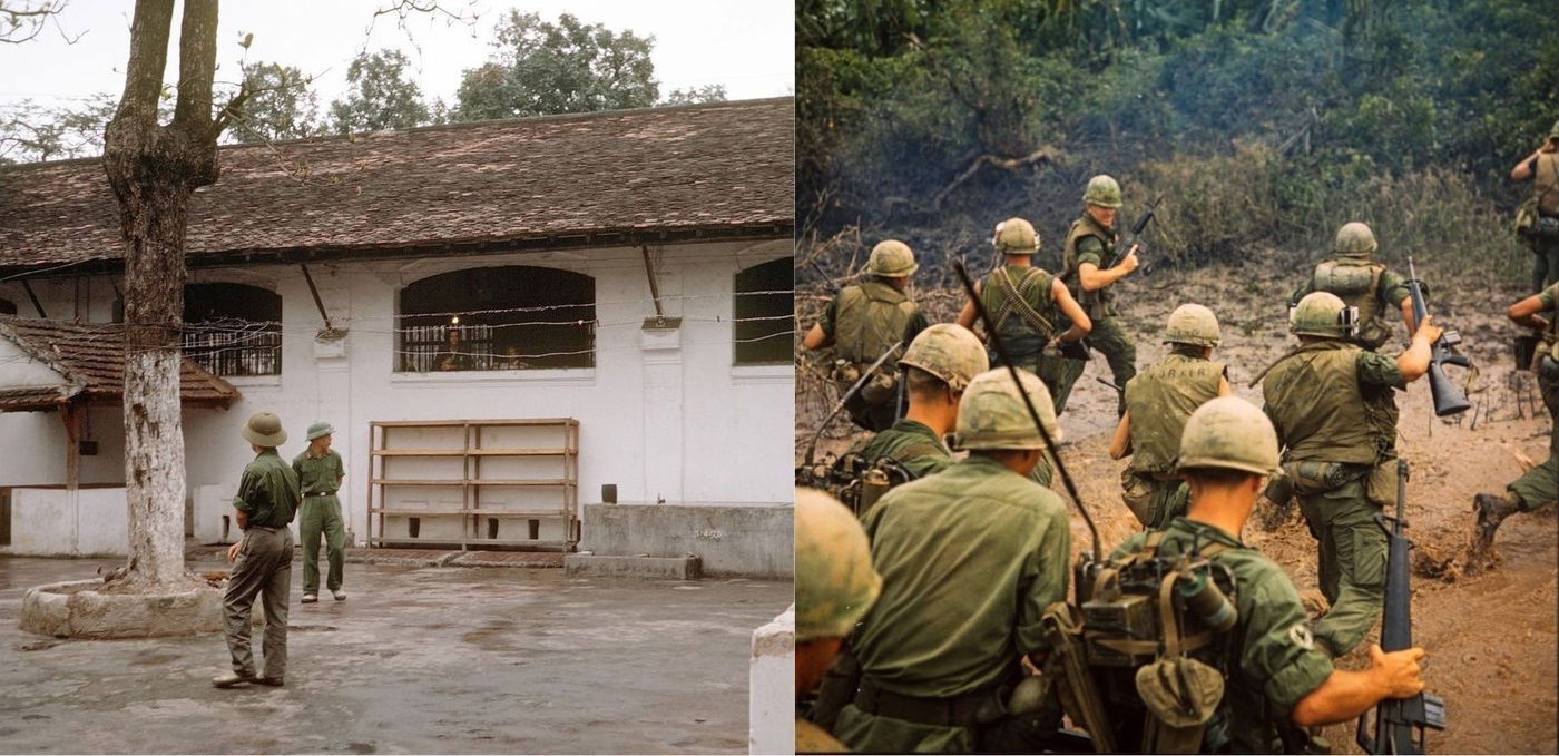 מימין - נהר מי טו, וייטנאם, חיילים מ"יחידת הנהר" של הדיוויזיה התשיעית | משמאל - שבויים אמריקאים בכלא וייטנאם 