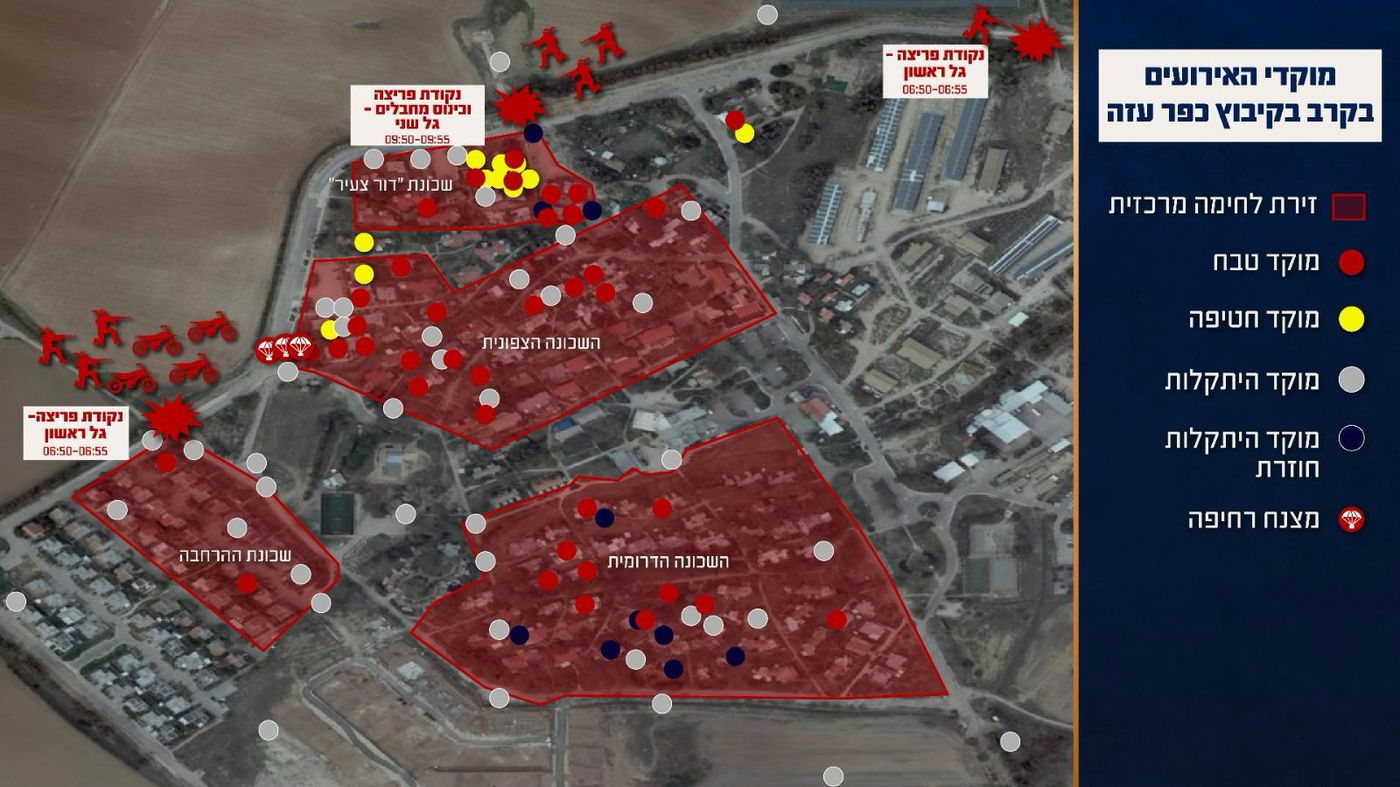מפה המציגה את האירועים במהלך הקרב בקיבוץ כפר עזה