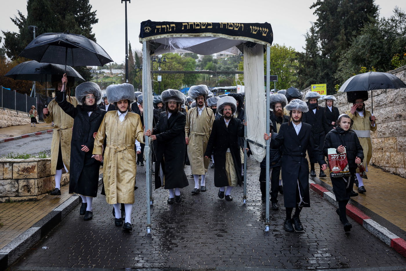 חסידי תולדות אהרון בהכנסת ספר תורה תחת גשם שוטף בציון הרשב"י במירון
