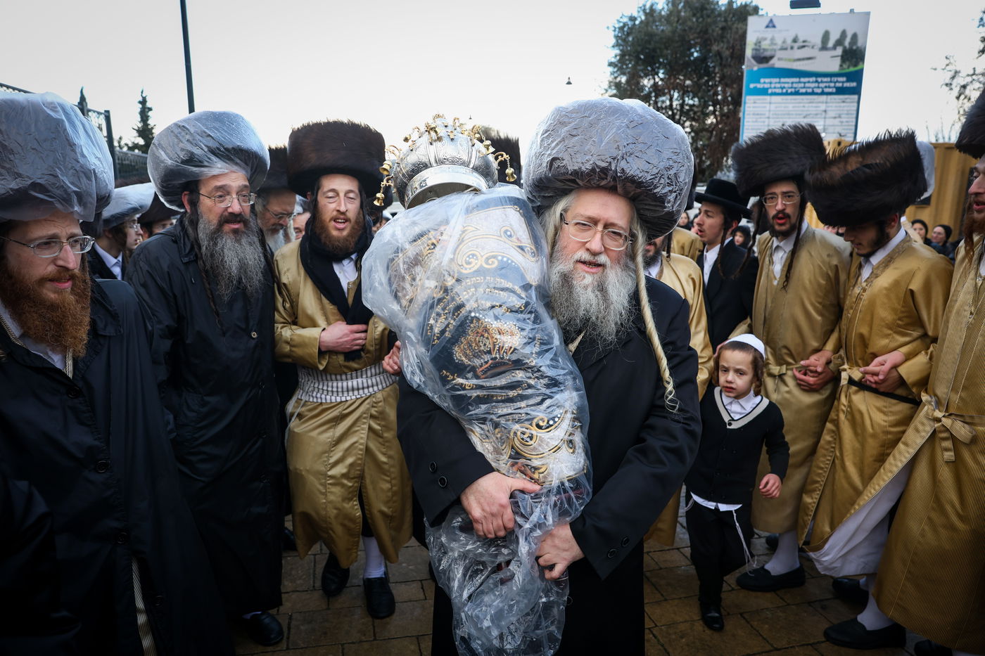 חסידי תולדות אהרון בהכנסת ספר תורה תחת גשם שוטף בציון הרשב"י במירון