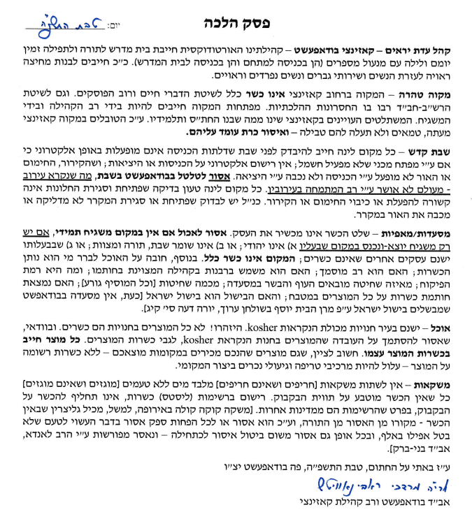 פסק הלכה שפירסם הרב ראבינאוויטש כרב העיר