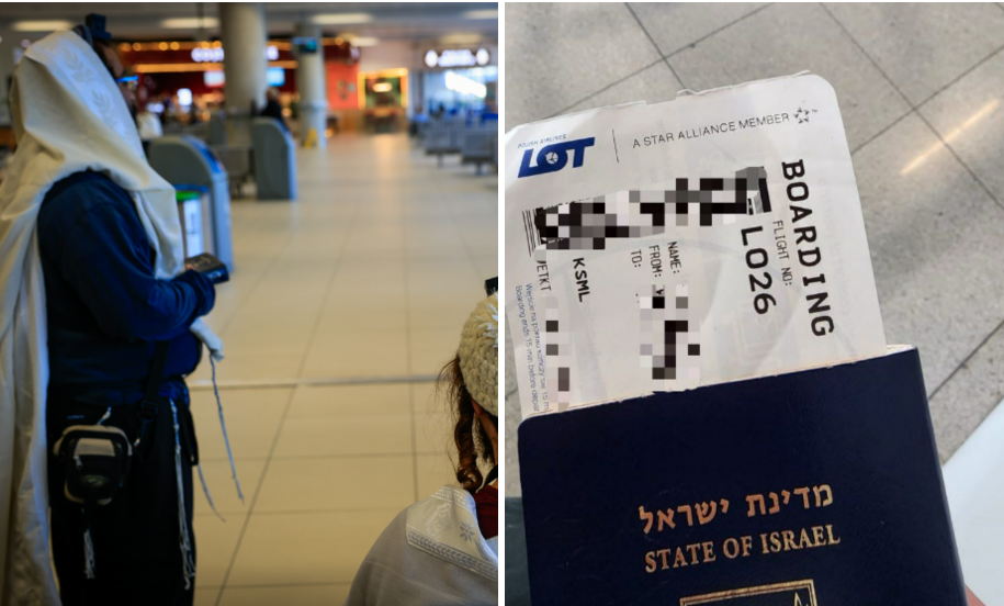 כרטיס הטיסה שהיה גלוי ברשת. משמאל: חרדים בשדה תעופה בקפריסין - אילוסטרציה