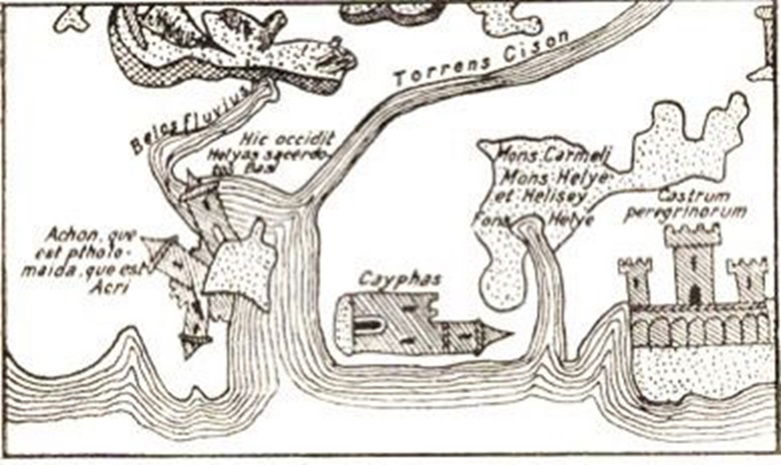 "הר אליהו ואלישע", מפת ארץ ישראל משנת 1300 לערך (בתוך: זאב וילנאי, חיפה בעבר, תל אביב: החברה העברית לחקירת א"י ועתיקותיה, תרצ"ו 1936)