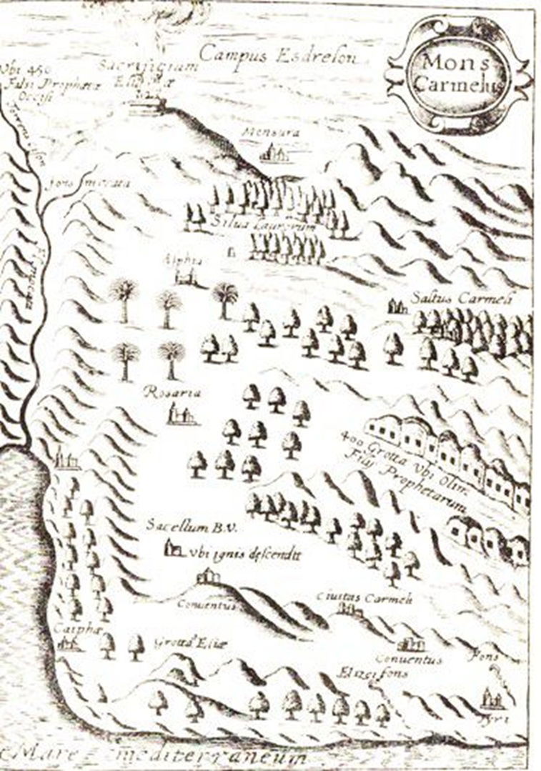 מפת חיפה והכרמל משנת 1663: המעיין, המכונה בערבית אום אלפרג’ (Umm al-Faraj), נזכר בשמו הלטיני Elizei fons – מעיין אלישע. (בתוך: זאב וילנאי, חיפה בעבר, תל אביב: החברה העברית לחקירת א"י ועתיקותיה, תרצ"ו 1936)