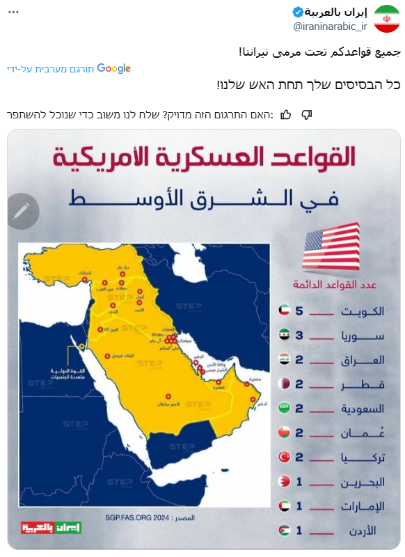 חשבון המקורב לממשל האיראני מאיים: כל בסיסי ארה"ב תחת האש שלנו