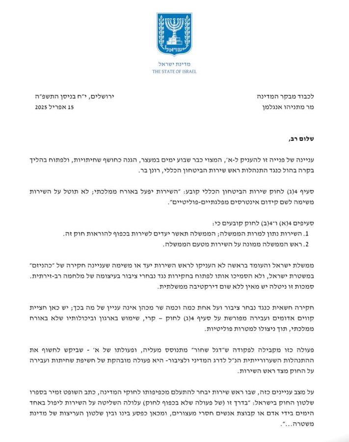 מכתבו של השר שיקלי למבקר המדינה