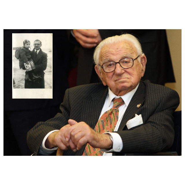 וינסטון בעת קבלת עיטור 'האריה הלבן' בפראג . בתמונה הקטנה: וינסטון בזמן השואה עם אחד הילדים שהציל