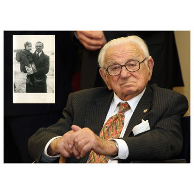 וינסטון בעת קבלת עיטור 'האריה הלבן' בפראג . בתמונה הקטנה: וינסטון בזמן השואה עם אחד הילדים שהציל