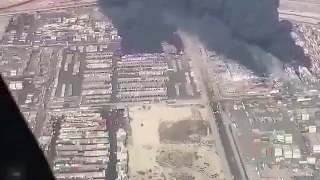 צילום רחפן של זירת הפיצוץ בנמל האיראני