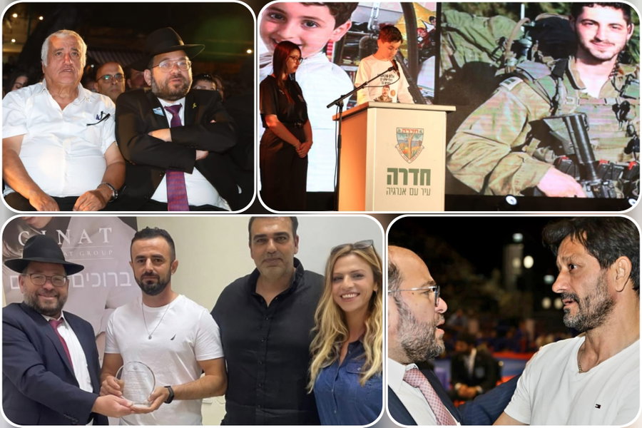 משמאל לימין בכיוון השעון: ציון בוסקילה ז"ל בטקס יום הזיכרון לפני שנה, אריאל אח של אלון סקאג'יו אמש בטקס, אורן סמדג'ה, עובדיה בערב לזכר אחיו בוריס דנילוב הי"ד