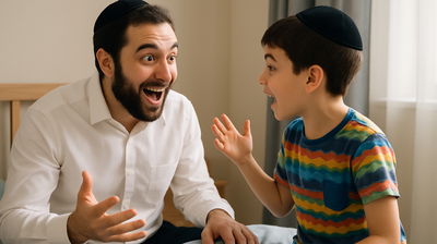 ילד משוחח עם אביו בהתלהבות