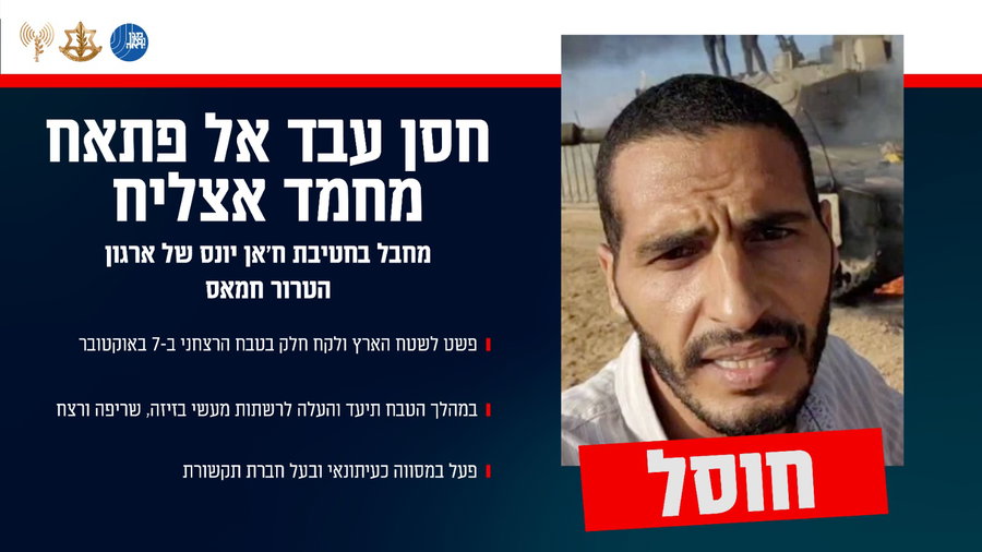המחבל חסן עבד אל פתאח מחמד אצליח מהטבח הרצחני ב-7 באוקטובר