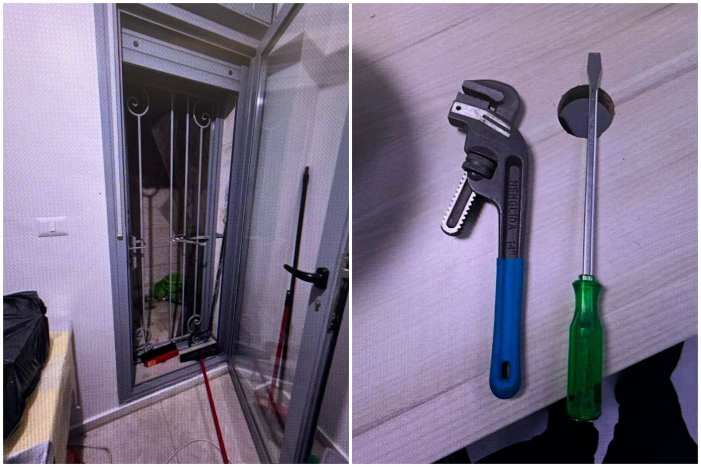 כלי הפריצה שעפ״י החשד שימשו את החשוד לביצוע המעשה והנזק שנגרם לדלת ממנה פרץ לדירה