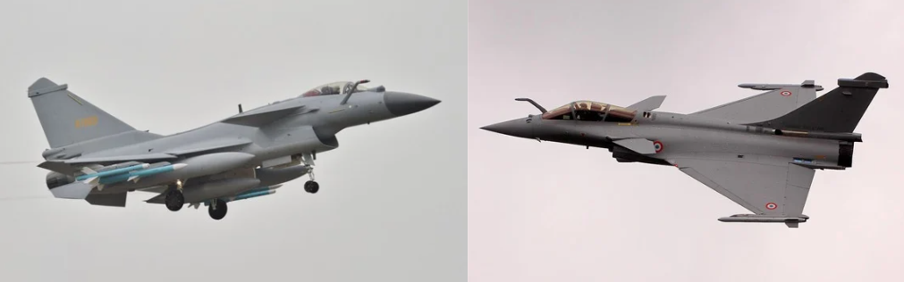 מימין ראפאל F1 של חיל האוויר הצרפתי | משמאל - צ'נגדו J-10 הסיני